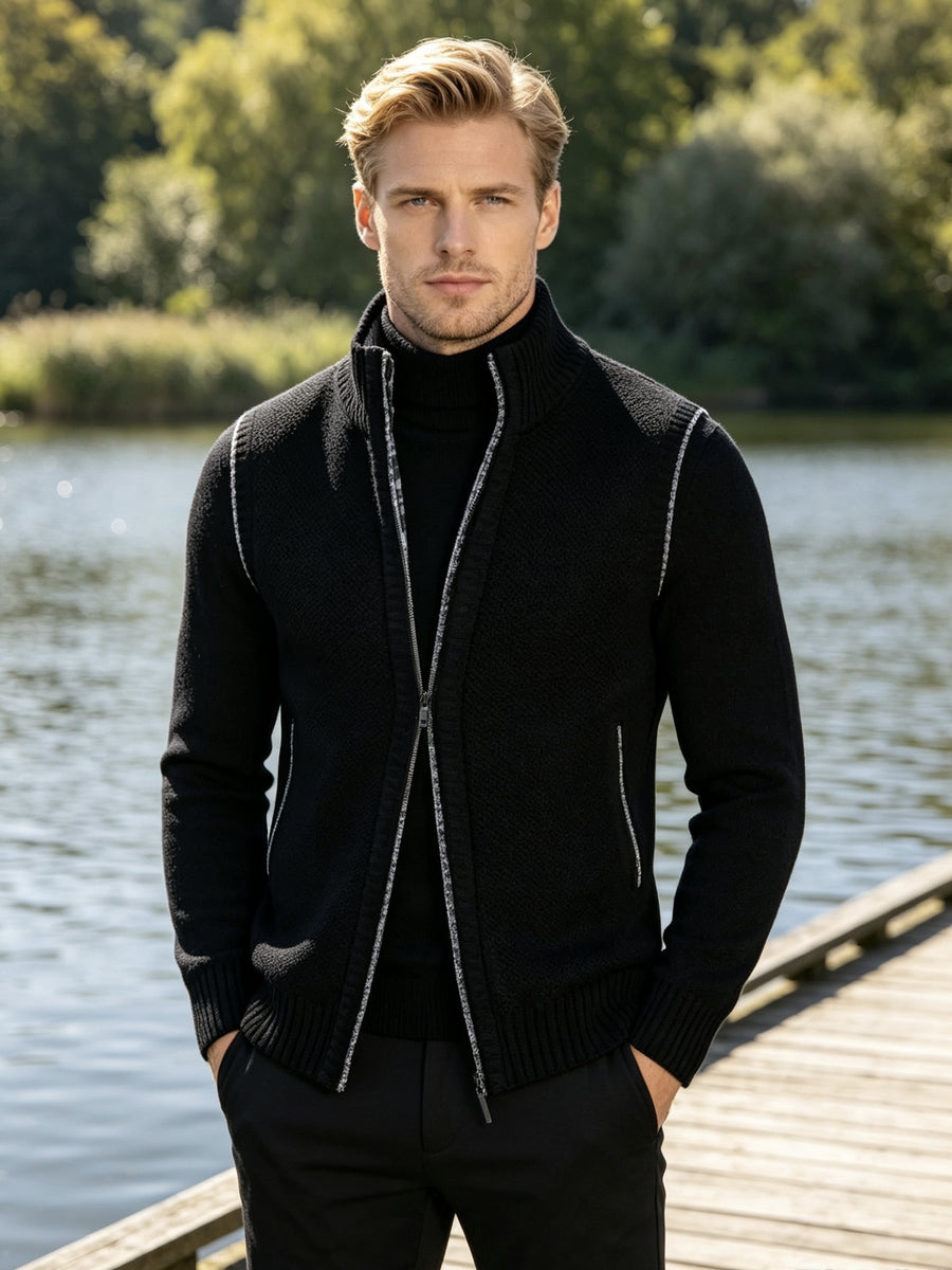 Men'S Stand Collar Zip-Up Vest, Thick Warm Sleeveless Sweater Waistcoat Gilet, Casual Fall Winter Outerwear Sleeveless Cardigan for Daily Commute Outdoor Street Wear - Black