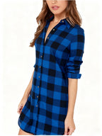 Women's Elegant Collar Button- Shirt - Loose Fit Long Button-Front Plaid Blouse Suitable for Daily Wear, Travel & Office - Machine Washable Classic Shirt - Blue Black Grid
