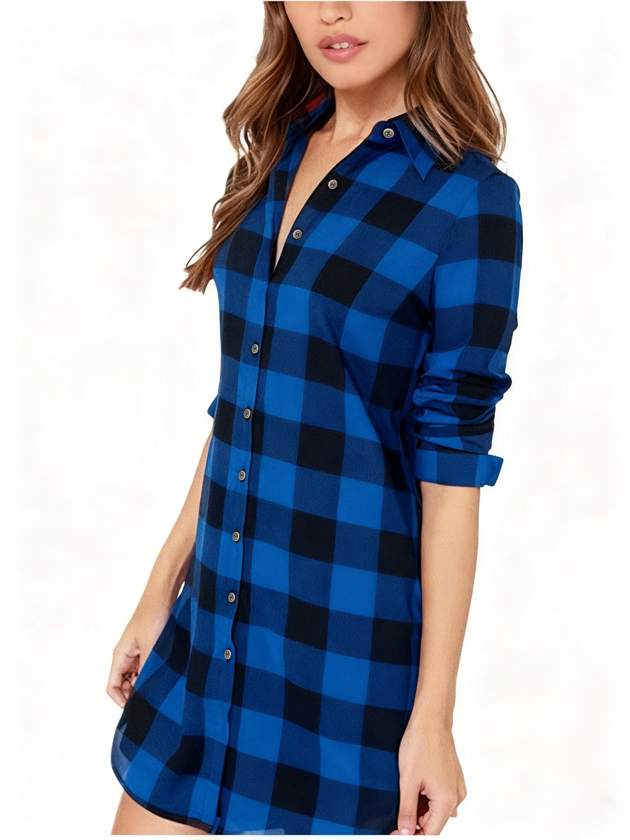 Women's Elegant Collar Button- Shirt - Loose Fit Long Button-Front Plaid Blouse Suitable for Daily Wear, Travel & Office - Machine Washable Classic Shirt - Blue Black Grid