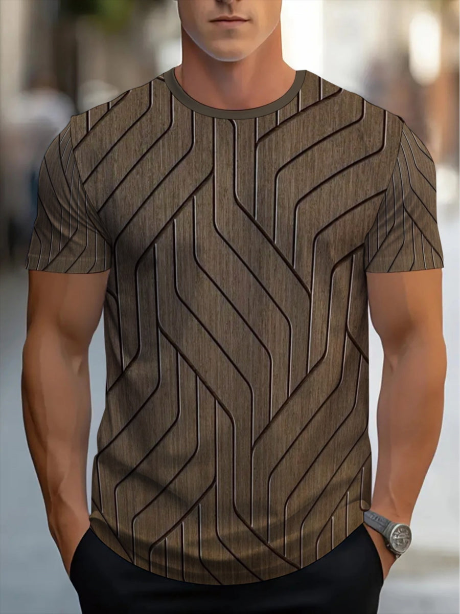 [Print Design-Not Textured] Men'S Casual Athletic Short Sleeve T-Shirt, Geometric Pattern, Lightweight Polyester Fabric, Brown Tone, Perfect for Outdoor Activities And Casual Wear, Durable And Breathable Design - Mixed colors