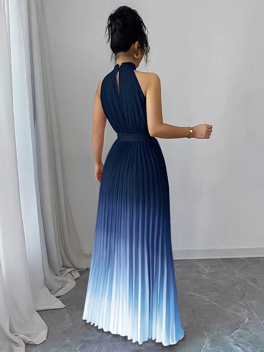 Elegant Romantic Ruffled Neckline And Waist Tie A-Line Pleated Gradient Maxi Dress - Gradient navy blue
