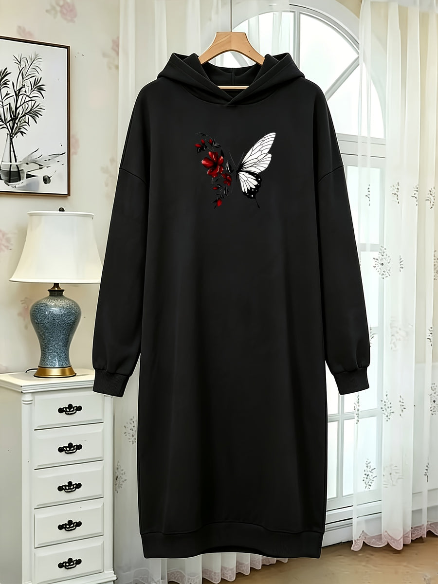 Autumn and Winter Women's Fashion Casual -lined Thickened Pullover Long Sleeve European and American Hooded Sweatshirt with Print Sweatshirt Long Trendy Casual Versatile - Black
