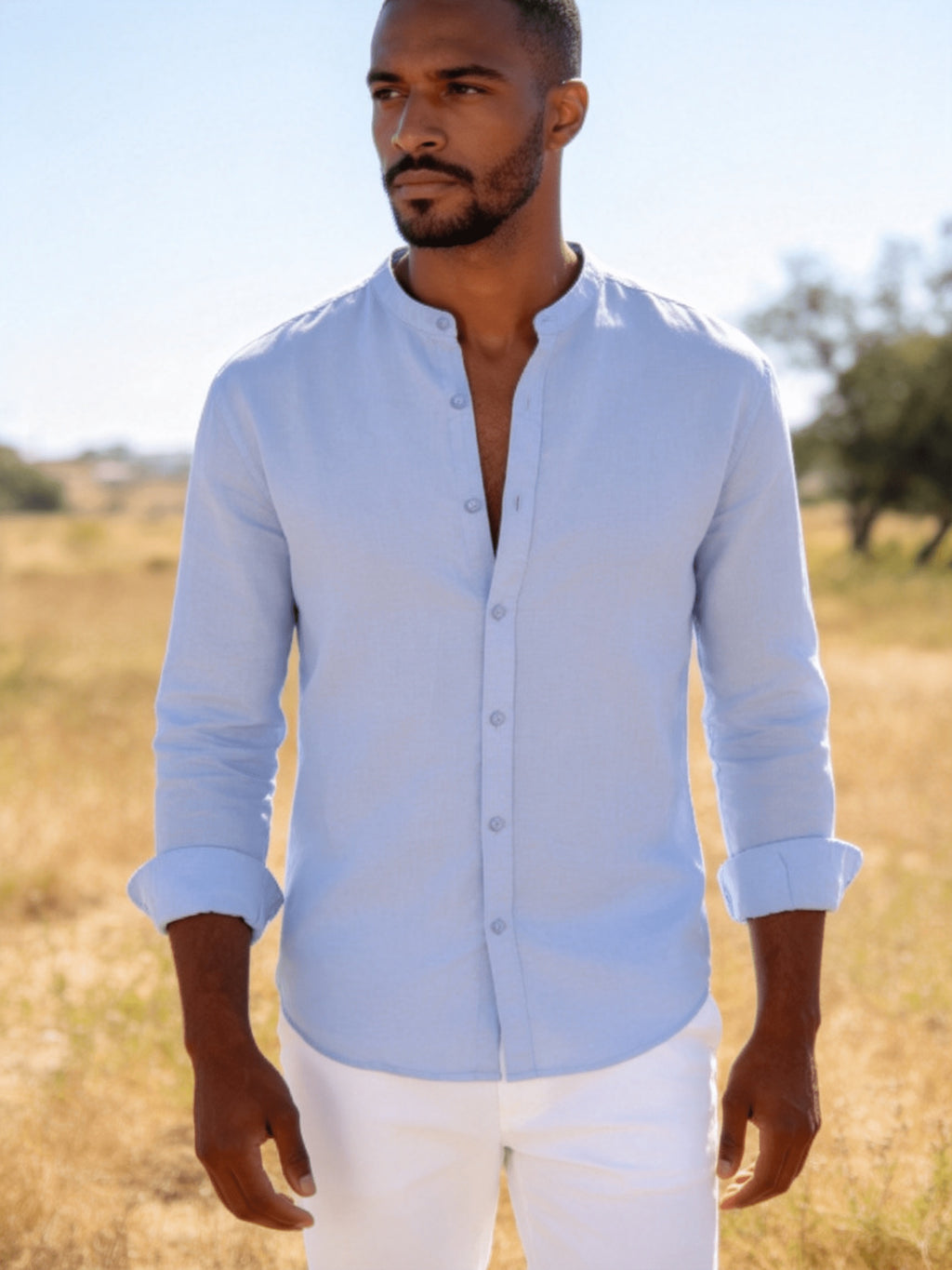 26-Year-Old Men'S New Small Stand-Up Collar Long-Sleeve Shirt, Classic Solid Colors And Multi-Colors Available. Soft, Breathable, Loose Fit for Men, Versatile Shirt for Daily Leisure - Sky Blue