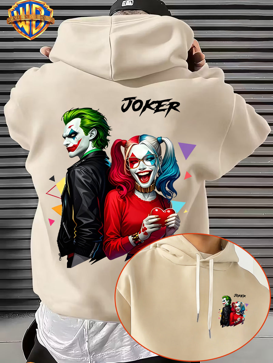 Warner Bros. American Comic-style Joker and Harley Quinn Back-to-back Design, JOKER Title Character with Heart Graphic and Colorful Triangle Accents, Trendy and Cool Printed Men's Fashion Hooded Sweatshirt, Sleeve Print Design, Kangaroo Pocket - Apricot
