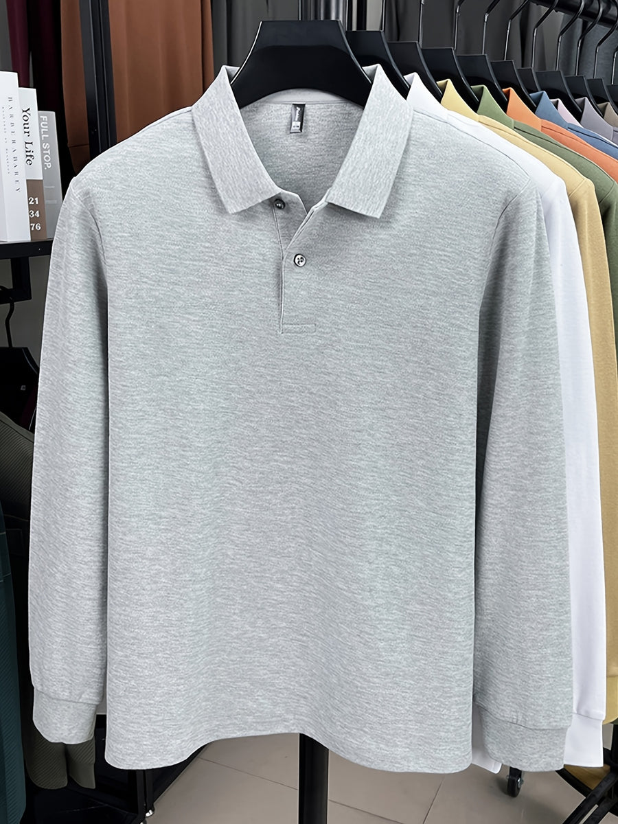 Spring and Autumn Men's Lapel Polo Shirt, Fashionable Solid Color Base Layer Top, Versatile Business Casual Long Sleeve T-Shirt, Suitable for Daily Work Scenes, The Best Gift for Friends and Relatives - Ash