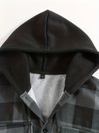 Men'S Jacket, Retro Plaid Shirt, Men'S Casual Shirt Fleece Jacket Single Button with Hat Long Sleeve Coat Men'S Top with Chest Pocket Elastic Cuff Ribbed Spring Autumn New Men'S Clothing - Light Grey