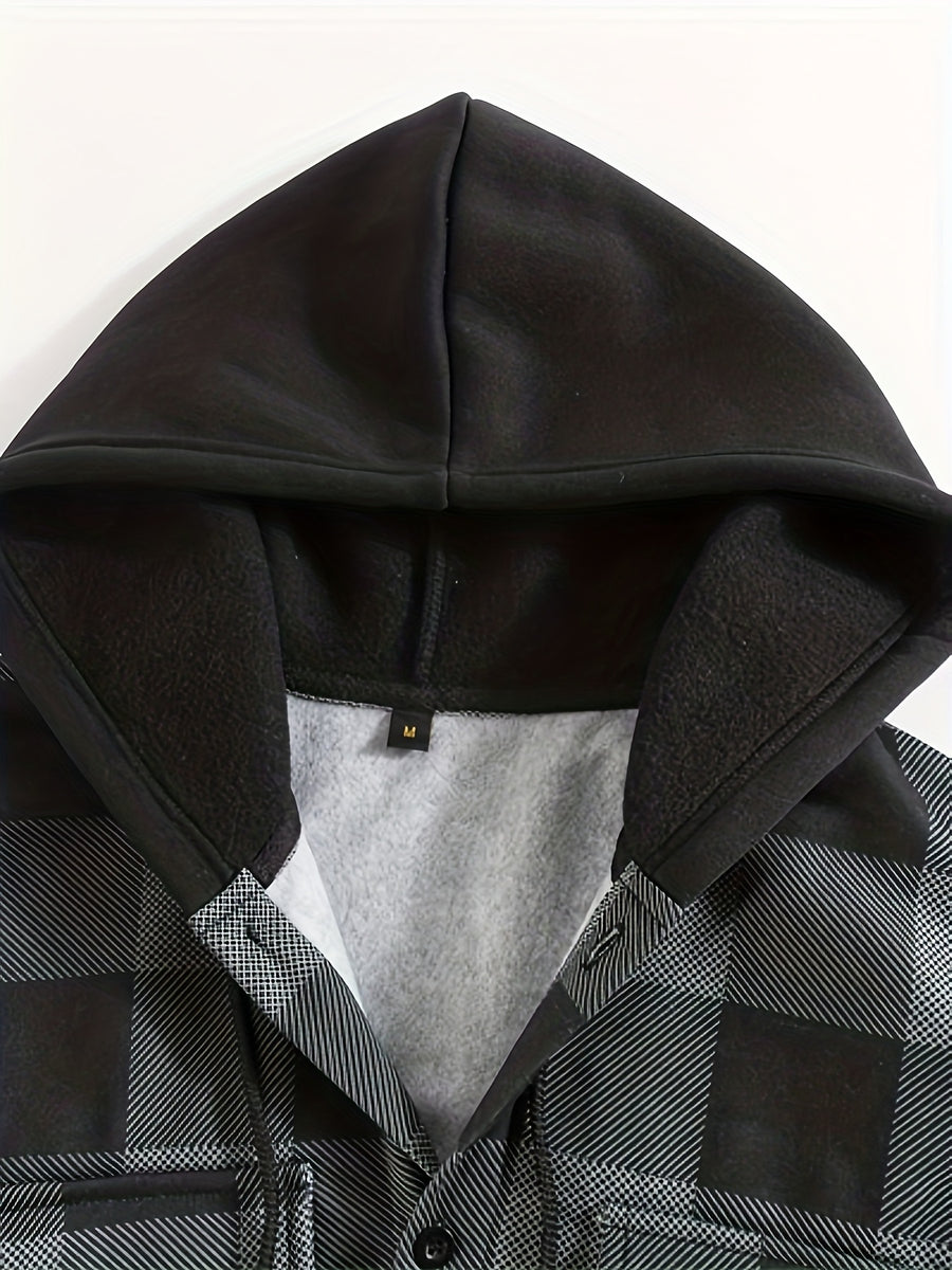 Men'S Jacket, Retro Plaid Shirt, Men'S Casual Shirt Fleece Jacket Single Button with Hat Long Sleeve Coat Men'S Top with Chest Pocket Elastic Cuff Ribbed Spring Autumn New Men'S Clothing - Light Grey