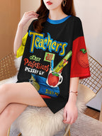 Women's Plus Size Cartoon Graphic T-Shirt - "Teachers Make a Big Impact" Design, Relaxed Fit Longline Top with Medium Stretch Fabric, Machine Washable Casual Tee for Spring Summer Fall, Casual Wear | Educational Motif | Nontransparent Material, Cute T - Black