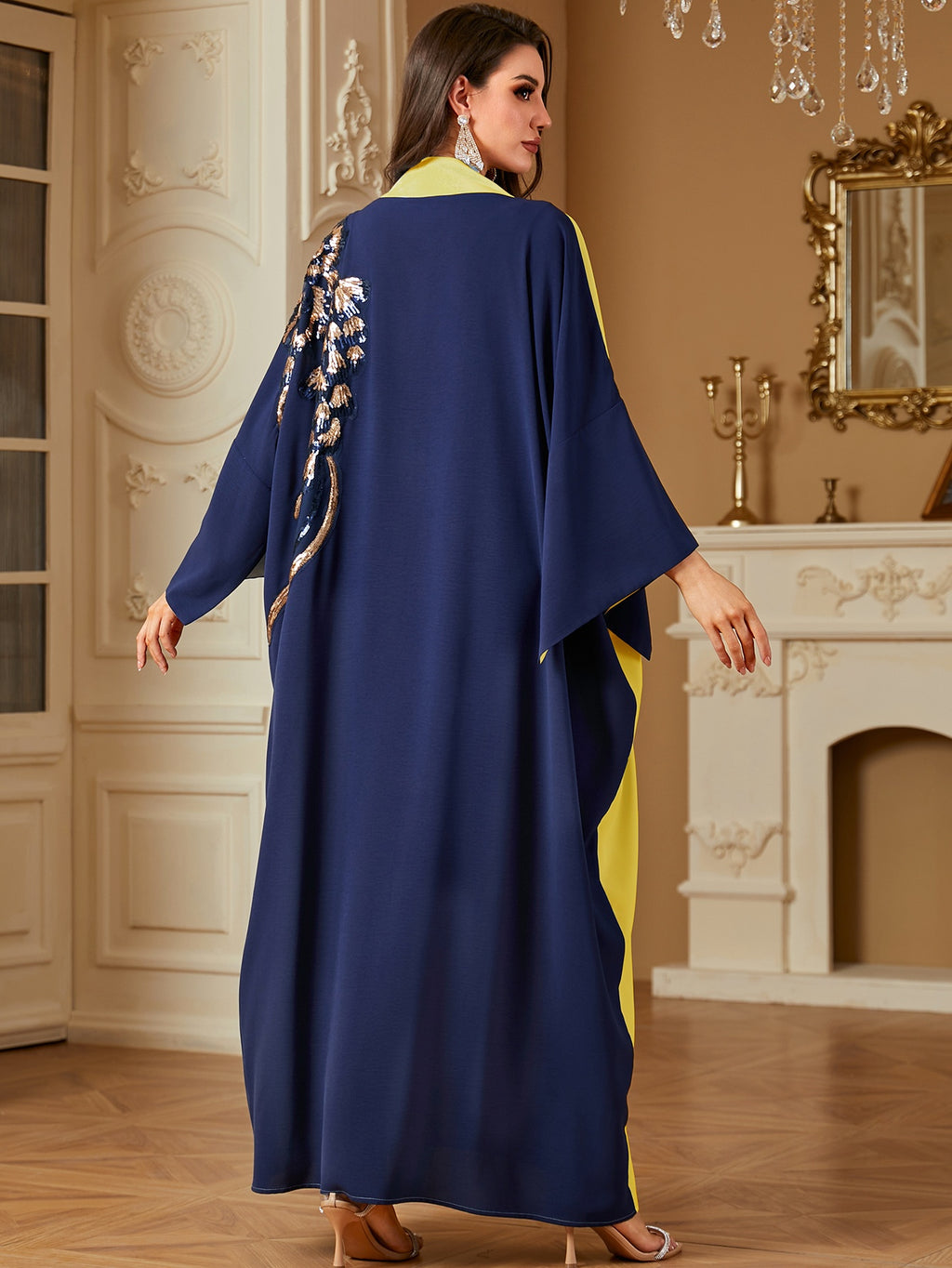 Fashion Contrast Color Patchwork Sequin Bead Bat Sleeve Long Sleeve Loose Dress - Yellow