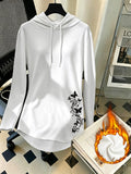 Mid-Length Hooded Sweatshirt for Women, Loose Hip-Covering Butterfly Print Drawstring Pullover Top - White