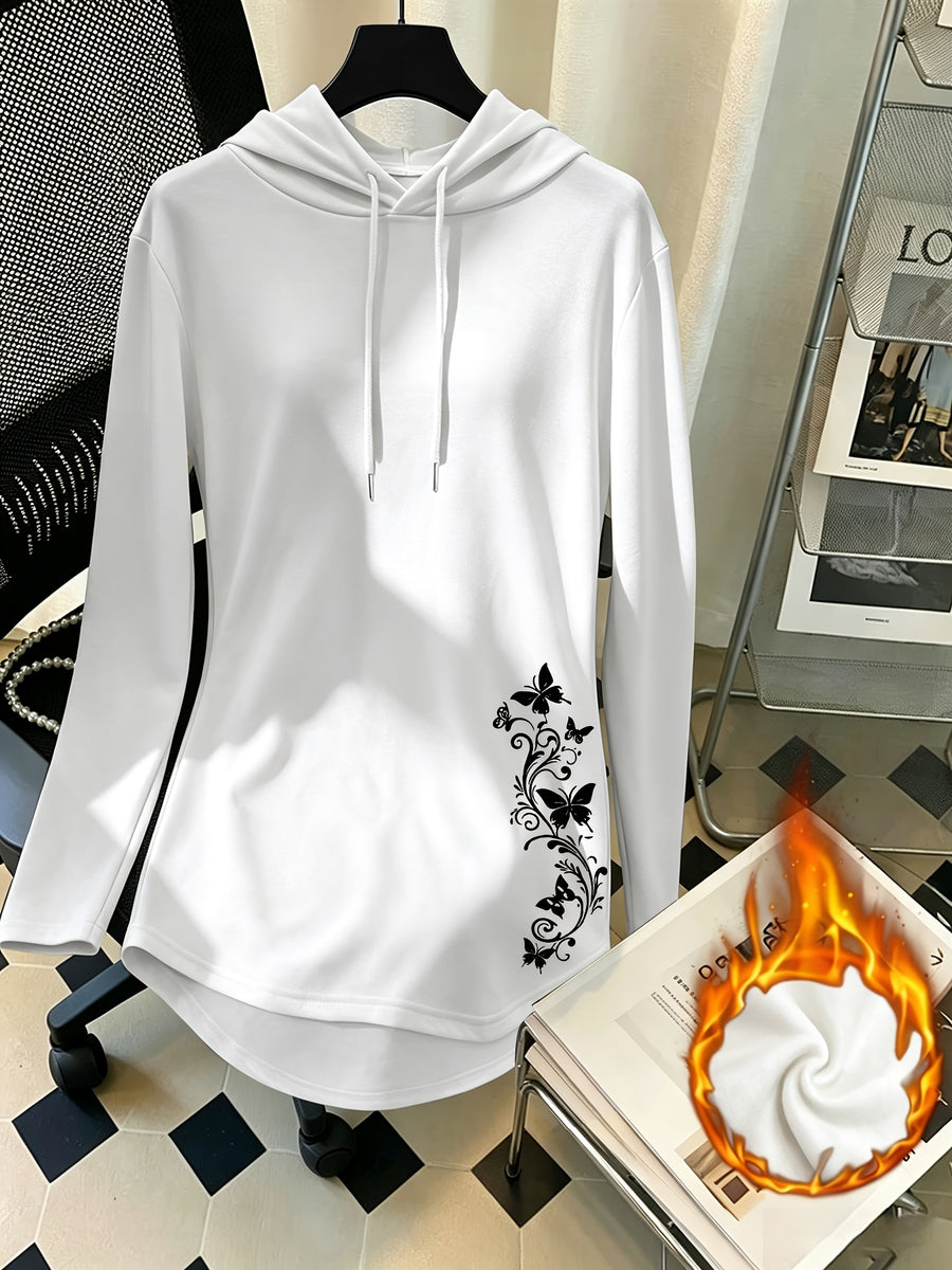 Mid-Length Hooded Sweatshirt for Women, Loose Hip-Covering Butterfly Print Drawstring Pullover Top - White