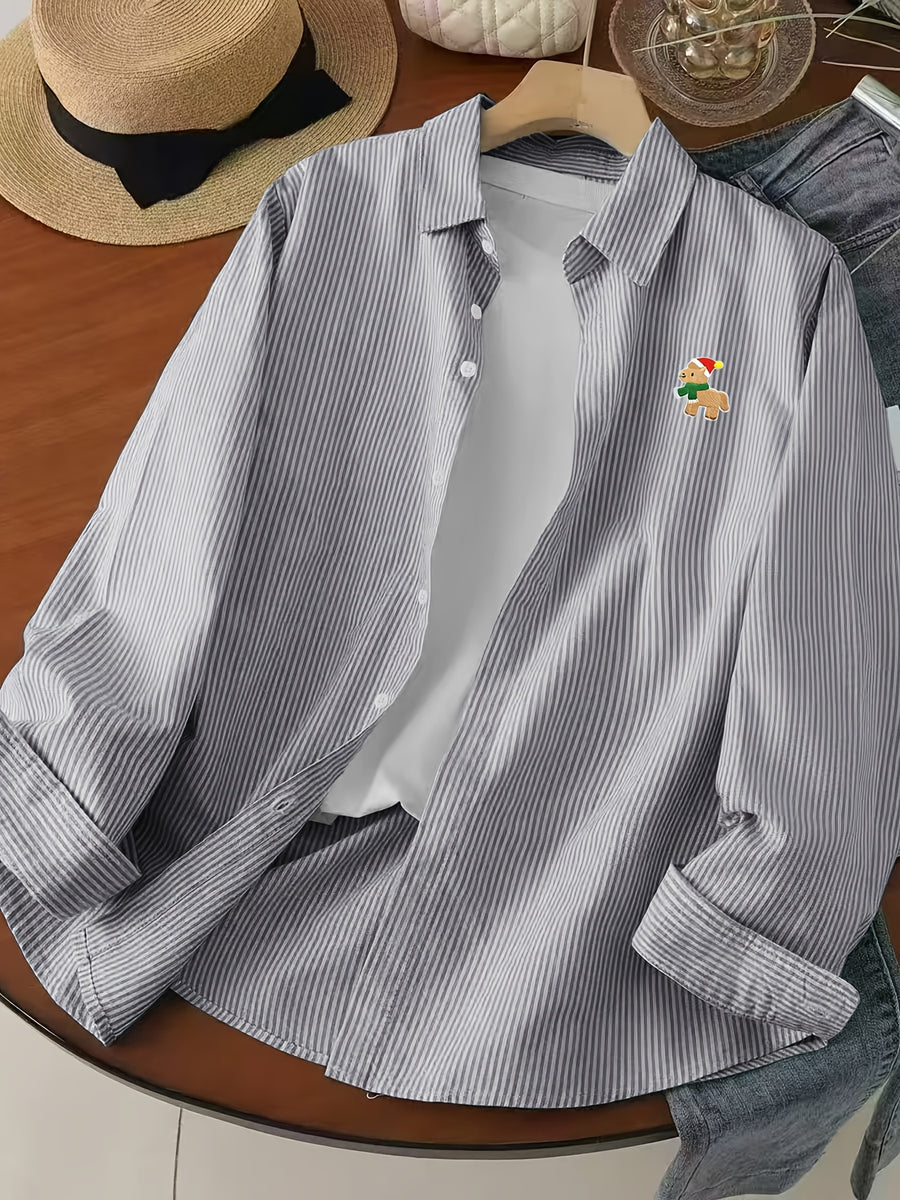 Hong Kong Style Casual Lazy Vertical Striped Cartoon Fun Gift Little Pony Pattern Long Sleeve Shirt Thin Versatile Blouse Men'S Fine Striped Shirt - Red Hat Little Horse Gray