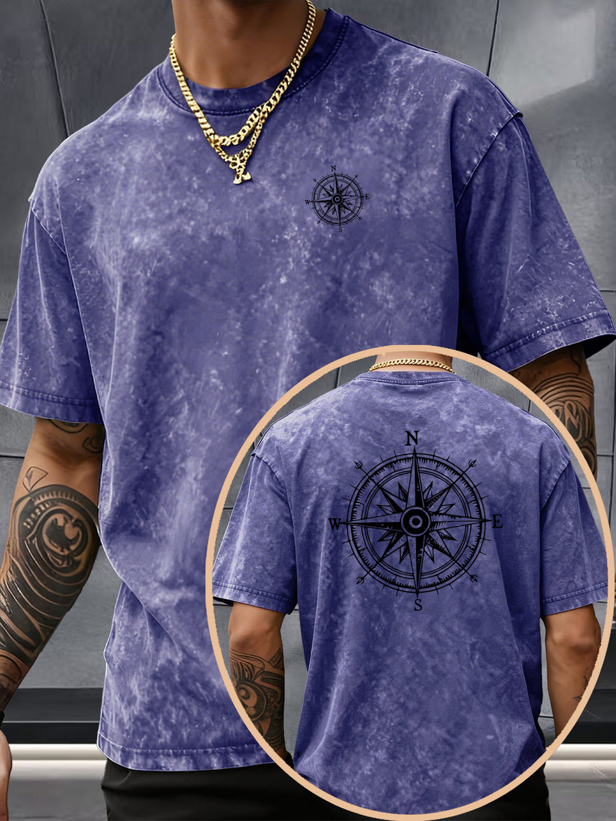 Short Sleeve Top, Washed Distressed Loose Round Neck T-Shirt, Double-Sided Compass And Needle Trendy Print, Casual Styling American Street High Street Hip-Hop Couple Style Daily Outing Commute Statement Sports Fitness All-Match Top - Royal Blue
