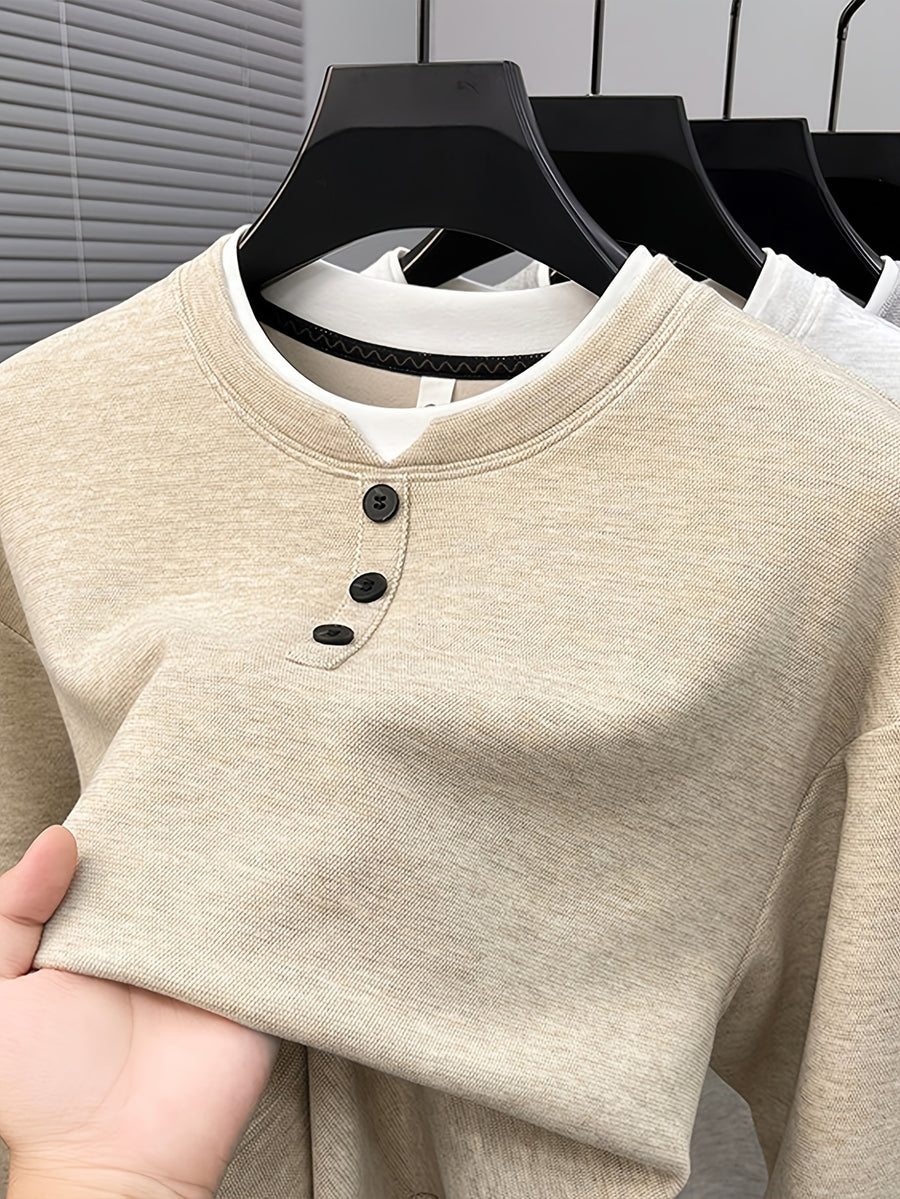 Men'S 3-Button Round Neck Faux Two-Piece Spring/Autumn Solid Color Sweatshirt, Regular Shoulder Long Sleeve Pullover, Spring/Autumn Season, Wearable As Single Piece Or Layering Piece - SINBOS - Beige Yellow