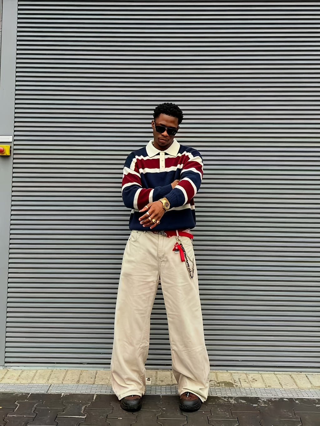OBM Vintage Red, Blue, and White Contrast Stripe Polo Collar Knit Sweatshirt - American Street Style Youth Relaxed Fit Top - Navy Color