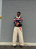 OBM Vintage Red, Blue, and White Contrast Stripe Polo Collar Knit Sweatshirt - American Street Style Youth Relaxed Fit Top - Navy Color