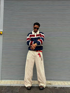 OBM Vintage Red, Blue, and White Contrast Stripe Polo Collar Knit Sweatshirt - American Street Style Youth Relaxed Fit Top - Navy Color