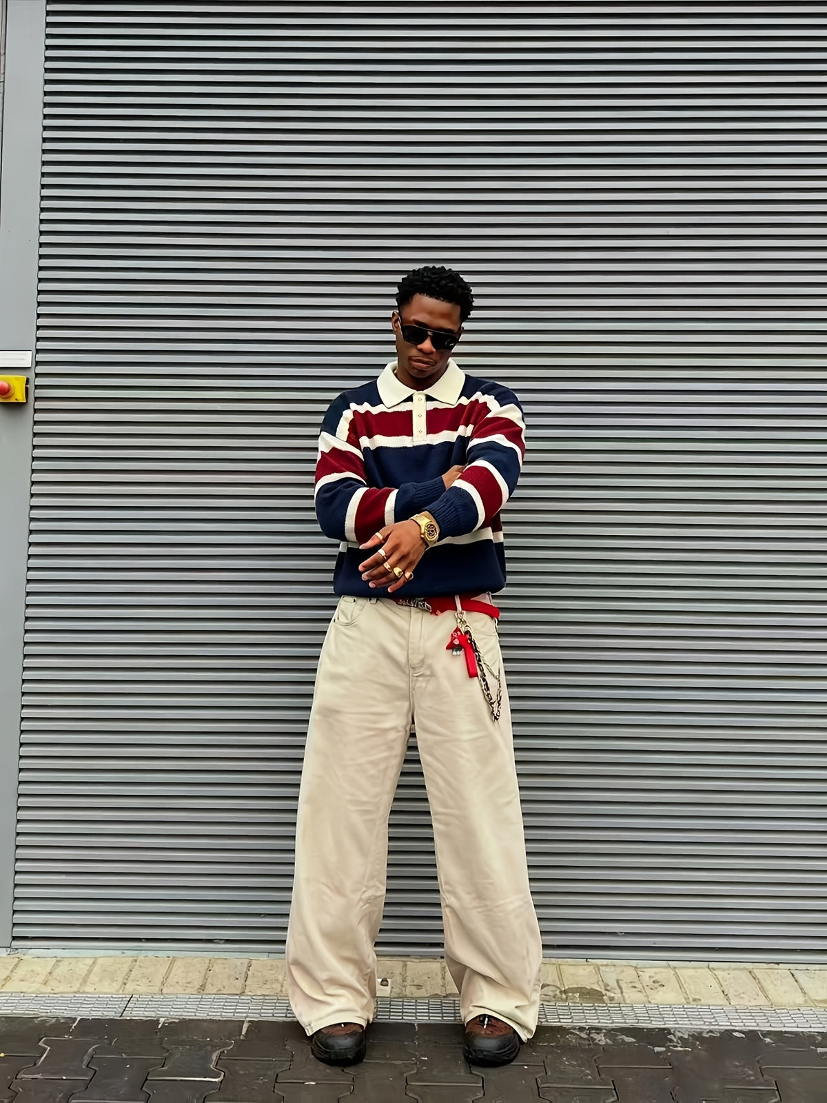 OBM Vintage Red, Blue, and White Contrast Stripe Polo Collar Knit Sweatshirt - American Street Style Youth Relaxed Fit Top - Navy Color