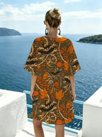 Vintage Halloween-themed V-neck Dress with Atmospheric Pumpkin, Bat, and Maple Leaf Patterns. Features a Loose, Dropped-shoulder Short-sleeve Silhouette and Soft, Skin-friendly Fabric. Suitable for Casual, Laid-back Wear, Parties, Outings, and Daily - Mixed colors