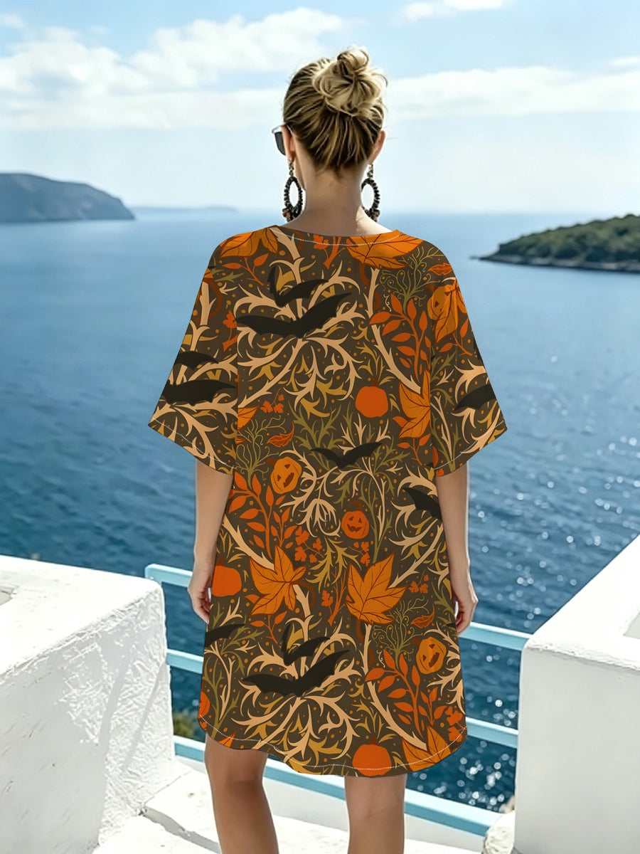 Vintage Halloween-themed V-neck Dress with Atmospheric Pumpkin, Bat, and Maple Leaf Patterns. Features a Loose, Dropped-shoulder Short-sleeve Silhouette and Soft, Skin-friendly Fabric. Suitable for Casual, Laid-back Wear, Parties, Outings, and Daily - Mixed colors