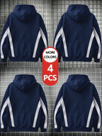 [4pcs] 2026 Autumn Winter Men'S Street Style Hooded Sweatshirt, Side Diagonal Contrast Lines Long Sleeve, Adjustable Drawstring Large Kangaroo Pouch for Phone, Skin-Friendly Warm Back-To-School Casual Rock Party Versatile Pullover Hoodie - Navy Blue+Navy Blue+Navy Blue+Navy Blue