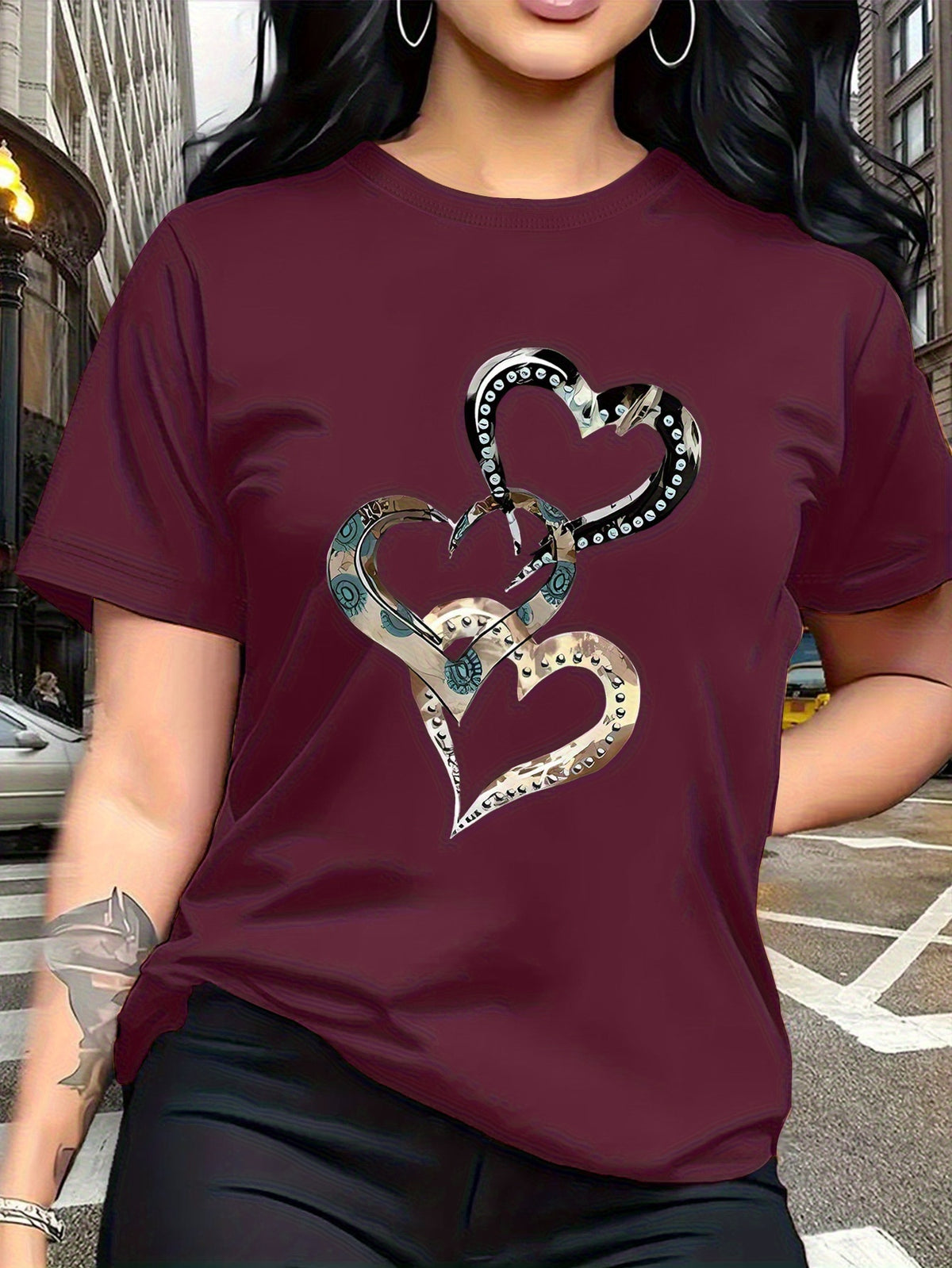 Emotion and Love" Representative, Metallic Art Heart Print Trendy Fashion, Simple Round Neck Casual Versatile Short Sleeve Women's T-Shirt for Leisure, Travel, and Vacation - Fuchsia