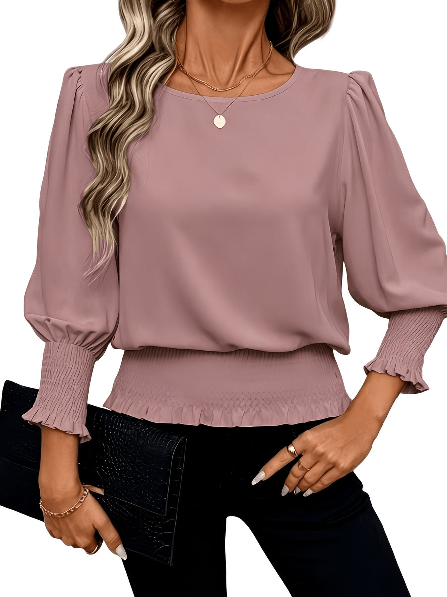 Casual Round Neck Lantern Sleeve Ruffled Women'S Long Sleeve Shirt, Suitable for Spring Summer Fall - Light Purple