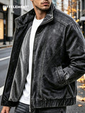 DIFFELEMENT Men's Stand Collar Washed Distressed -Lined Jacket with Inner Lining for Locking in Heat, Cold Resistance, Wear Resistance, Wrinkle Resistance, and Windproof Features. Full Zipper Closure Design with Side Insert Large Pockets - Black