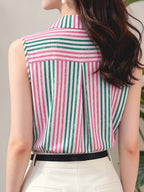 Elegant Women's Striped Sleeveless Blouse, Beach Vacation Shirt, Casual Commuter Style Vest - Stripe 3