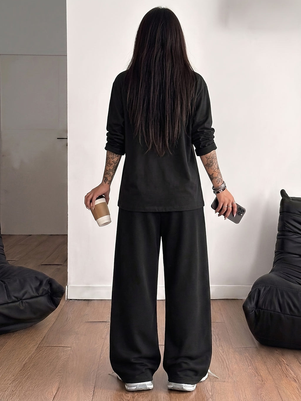 Women's 2pcs Set: Round Neck Loose-Fit Versatile Casual Sport Long Sleeve Top + Casual Sport Long Pants - Black+black