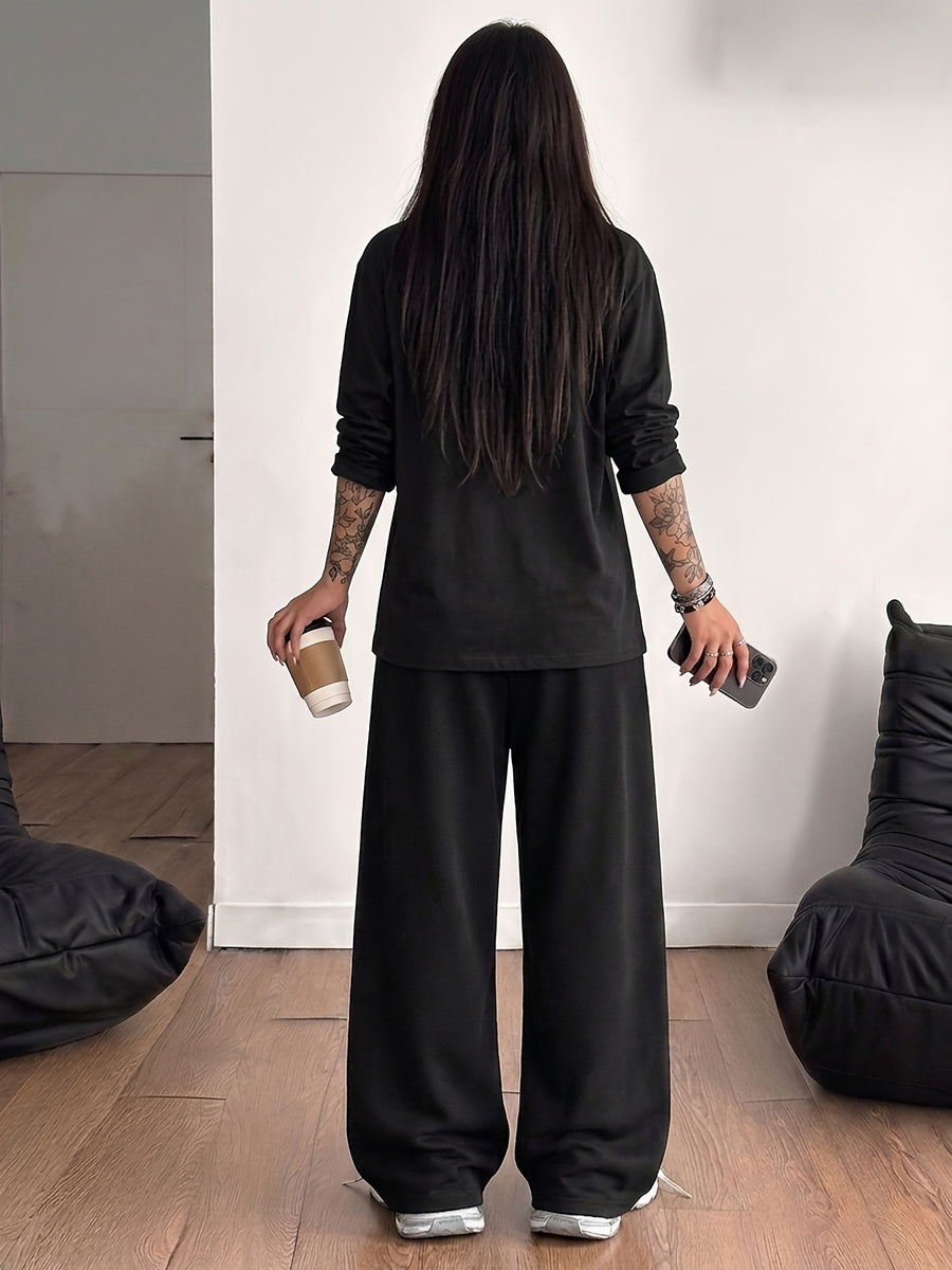Women's 2pcs Set: Round Neck Loose-Fit Versatile Casual Sport Long Sleeve Top + Casual Sport Long Pants - Black+black
