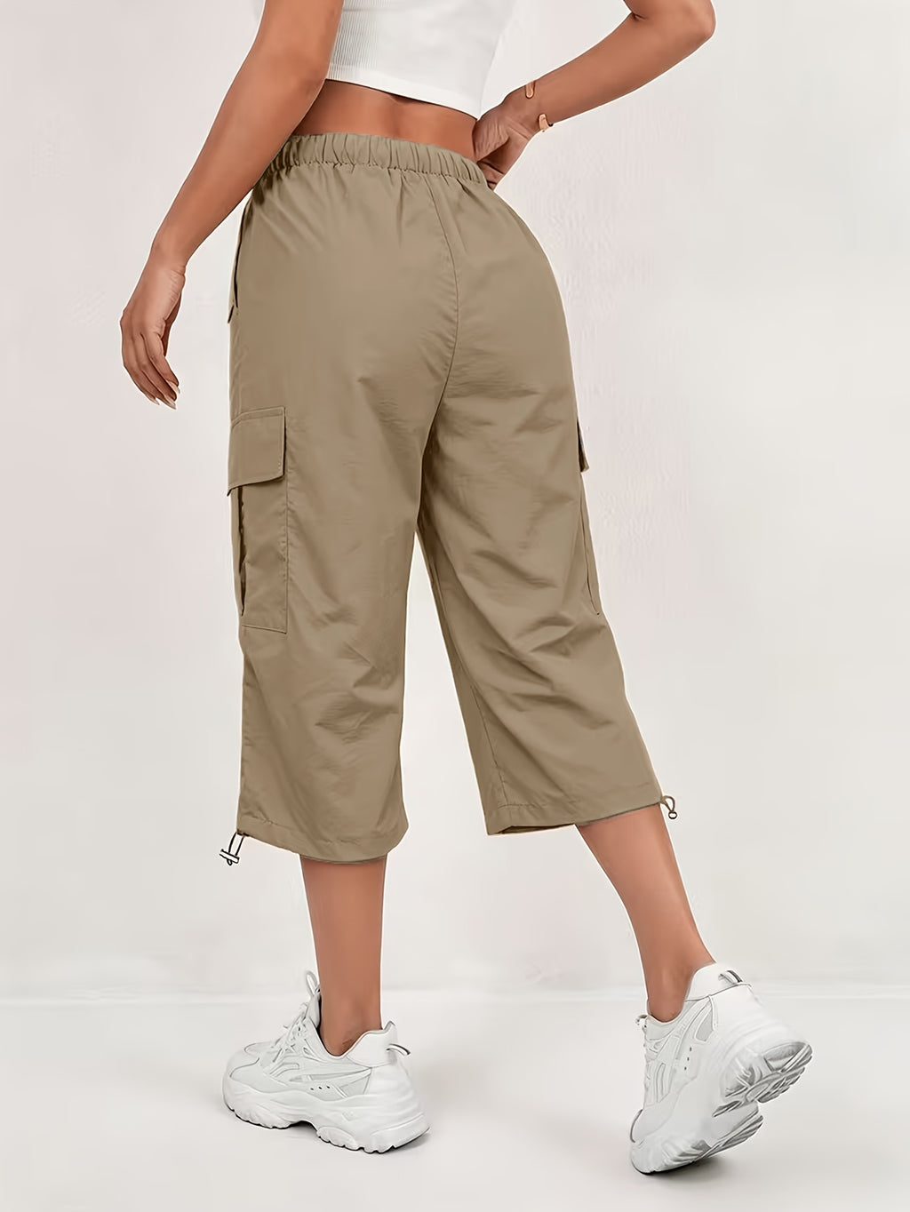 Women'S Quick-Dry Cargo Capri Pants with Elastic Waist And Drawstring - Lightweight Stretch Suitable for Outdoor Pants, Multi-Trousers, Machine Washable Loose-Fit Mid-Length for Travel, Casual Attire - Linen