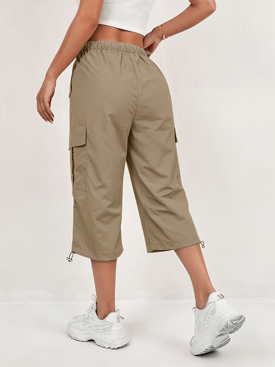 Women'S Quick-Dry Cargo Capri Pants with Elastic Waist And Drawstring - Lightweight Stretch Suitable for Outdoor Pants, Multi-Trousers, Machine Washable Loose-Fit Mid-Length for Travel, Casual Attire - Linen