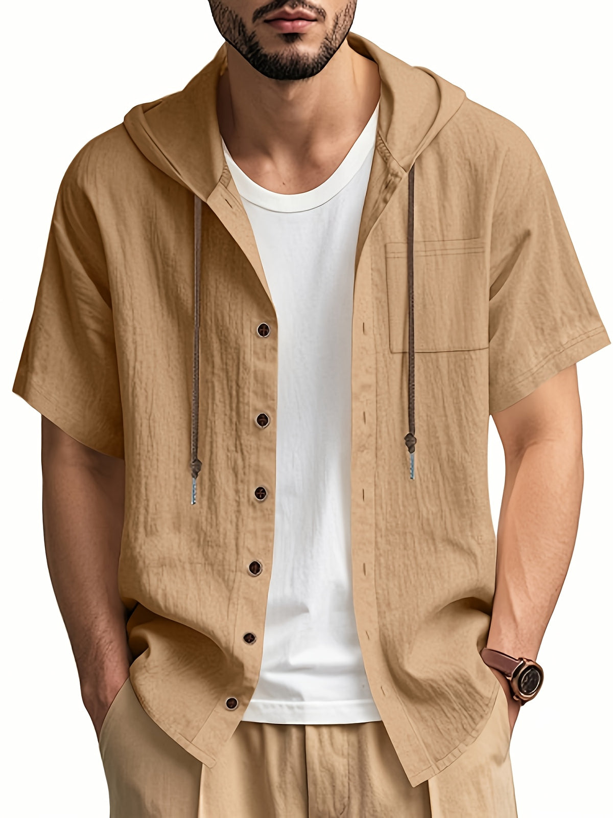 Men's Short Sleeve Hooded Shirt, Casual Button Hoodie Top with Chest Pocket, Lightweight Breathable Summer Shirt for Beach Vacation, Travel, Resort Wear, Outdoor Leisure, Streetwear Style and Daily Casual Outfit - Yellowish-brown