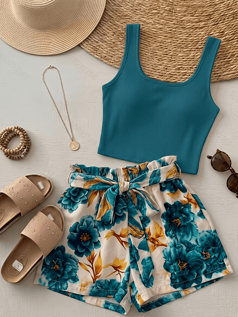 Summer Vacation Style Bright Orange Camisole + Tie-Side Shorts 2pcs Set - Lake Blue Strap Top + Lake Blue Printed Skirt