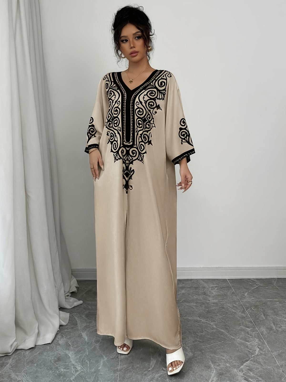 DJ0416020 Middle East Special V-Neck Positioning Print Elegant Long Dress Abaya - Apricot