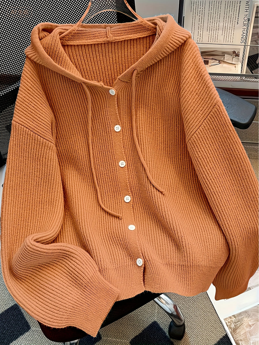 Autumn And Winter Hooded Cardigan, Solid Color Casual Easy Button-Up Sweater, Soft And Comfortable Elegant Women'S Clothing - Orange-Red
