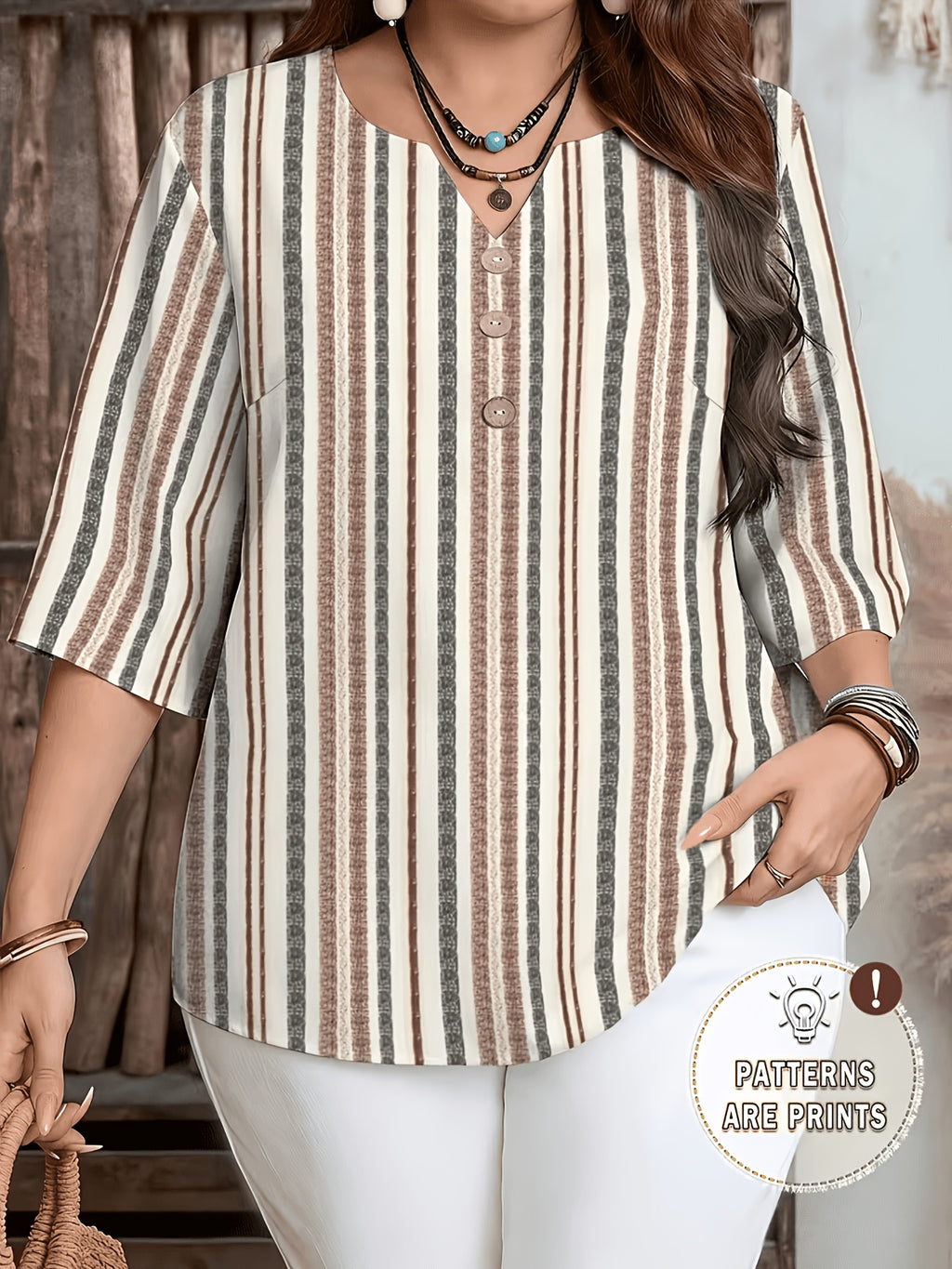 Women's Elegant Striped Print Shirt with Three-Button V-Neck Pullover, Spring/Summer Casual Loose Blouse Top - Apricot