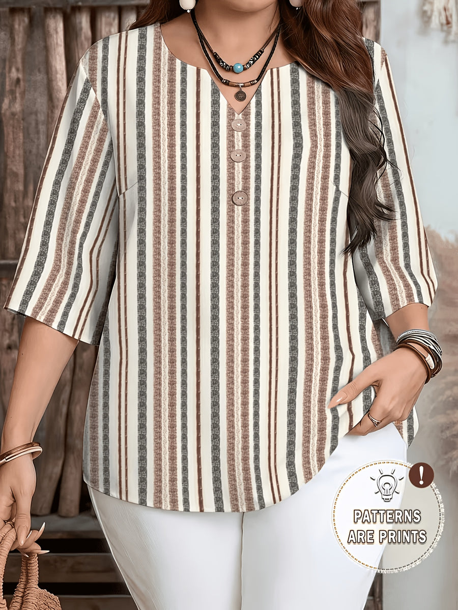 Women's Elegant Striped Print Shirt with Three-Button V-Neck Pullover, Spring/Summer Casual Loose Blouse Top - Apricot
