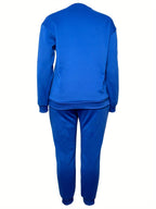 Plus Size - Plus Size - Plus-Size Women'S Fleece Sweatshirt Set with MILANO Letter Print, Featuring a Round Neck, Long Sleeves, Drawstring Pockets, And Casual Long Pants for Streetwear - Blue