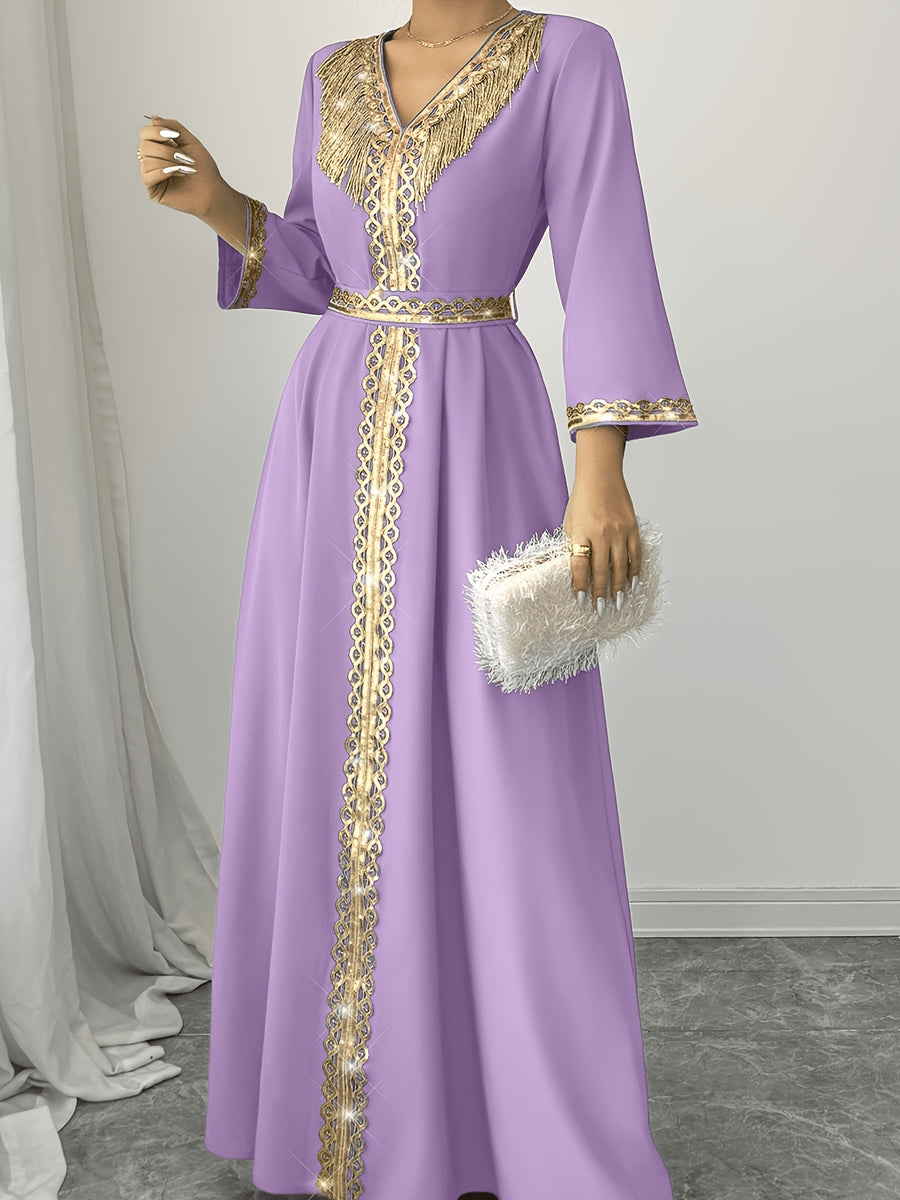 2026 New Abaya Robe Style Kimono Sleeve Long Dress V-Neck Caftan Robe Wrap Style Front Panel High Waist Empire Line Floor Length Dress Golden Lace Trim Sequined Embroidery Golden Bead Trim Golden Contrast Ruffle Tie Waist Skirt Muslim Fashion Arabic - Purple