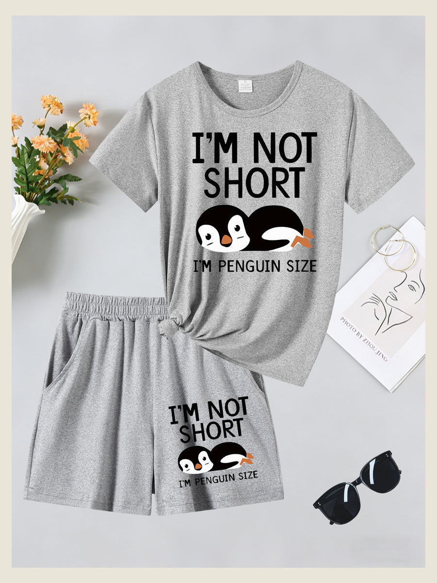 2pcs Women'S Summer Short Sleeve Set - I'M NOT SHORT Fun Penguin Print Short Sleeve And Shorts Outfit, Comfortable, Soft, Breathable Sportswear for Daily Wear, Suitable For, Campus, Valentine'S Day, Women'S Pajamas, Jogging, Fitness - Gray + Gray