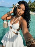 New Women's Solid Color Lace-Up Drawstring Backless Asymmetrical A-Line Umbrella Skirt Mini Dress, a Fashionable and Elegant Choice for Seaside Beach Vacations, Dates, Parties, Street Fashion, and Daily Wear as a Dress, Suitable for Spring and Summer - White