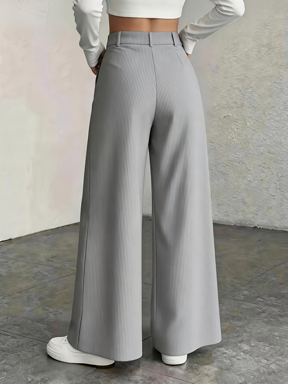 Fashionable And Elegant Women'S High-Waisted Wide-Leg Pants, Corduroy Texture Casual Trousers, Suitable for 4 Seasons - Space Gray