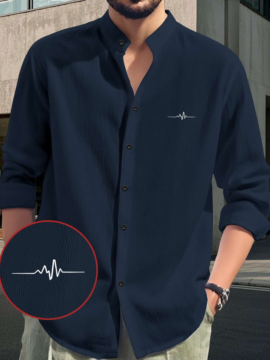 Men's Comfortable Long Sleeve Casual Shirt - Party Wear, Lightweight Breathable Stand Collar Button-Up Top, Versatile Apparel for Daily Wear, Events, and Outings, ECG Print Pattern, Fashionable Men's Clothing for Various Occasions, Everyday Outdoor - Navy Color