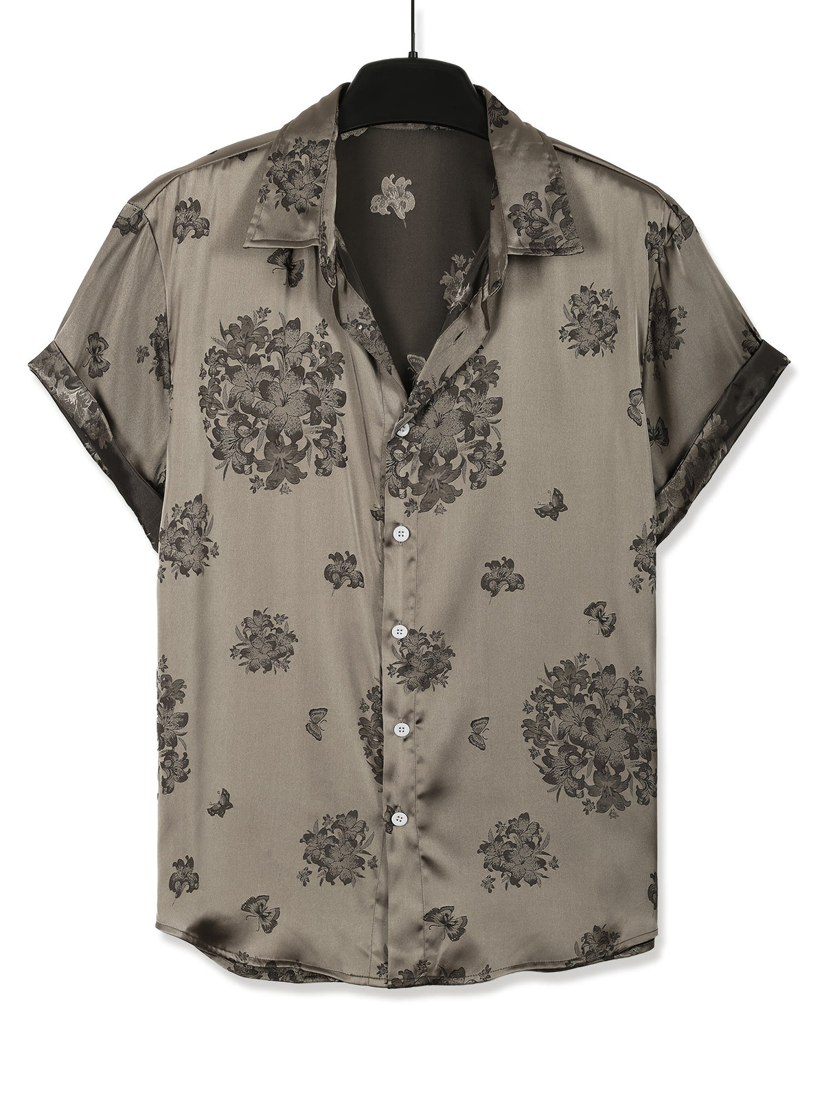 Men'S Casual Luxury Shirt - INS Style Floral Jacquard Short Sleeve Shirt with Button-Front Design, Perfect for Hawaiian Beach Vacations And Refined Casual Wear. Exquisite Gift for Boyfriend/Husband - French Eternal Elegance - Silvery Grey