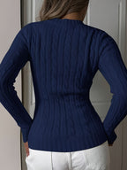 Elegant Ladies' V-neck Long Sleeve Slim Fit Cardigan | Autumn/Winter Collection with Embroidered Details - Sea Blue