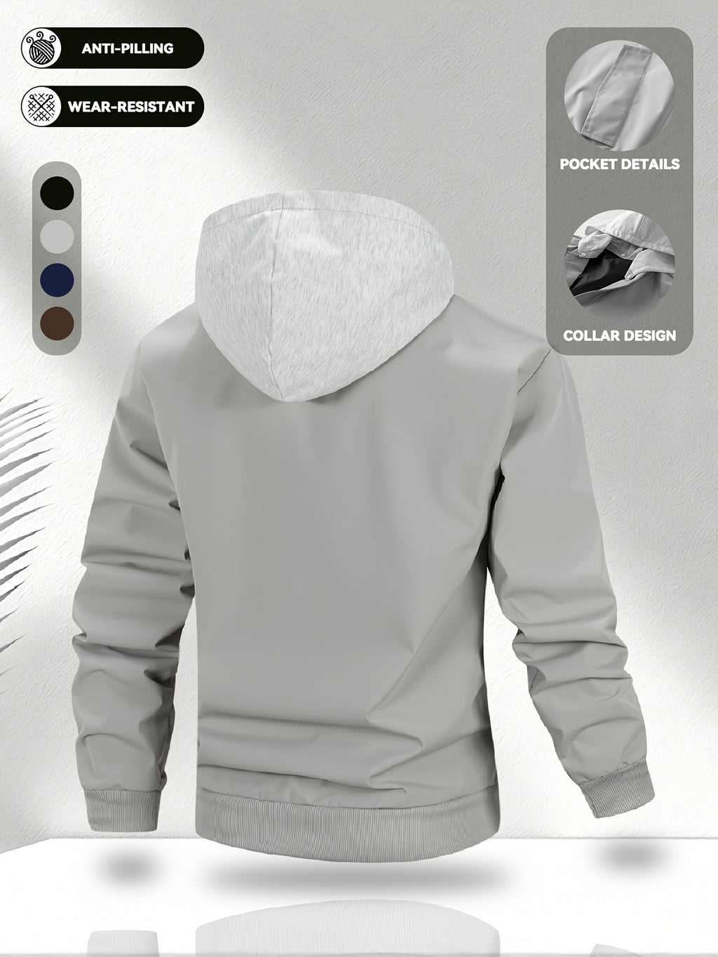 Men'S Hooded Jacket, Stretch Cuffs And Hem, American Retro Casual Commuter All-Match Style, Easy Design, Wear-Resistant Woven Fabric, Smooth Zipper Closure - 5661 - Light Grey