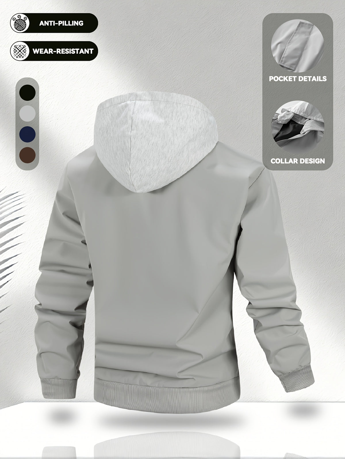 Men'S Hooded Jacket, Stretch Cuffs And Hem, American Retro Casual Commuter All-Match Style, Easy Design, Wear-Resistant Woven Fabric, Smooth Zipper Closure - 5661 - Light Grey