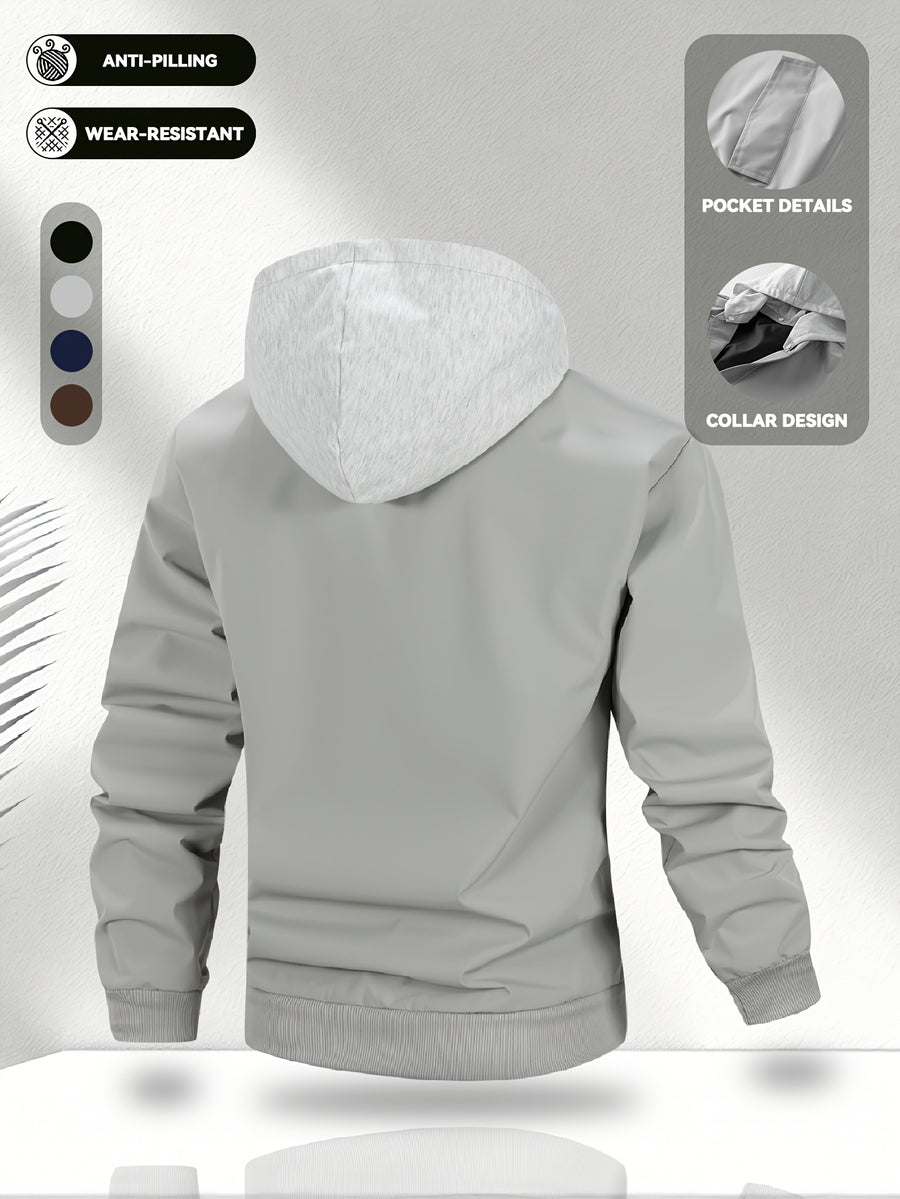 Men'S Hooded Jacket, Stretch Cuffs And Hem, American Retro Casual Commuter All-Match Style, Easy Design, Wear-Resistant Woven Fabric, Smooth Zipper Closure - 5661 - Light Grey